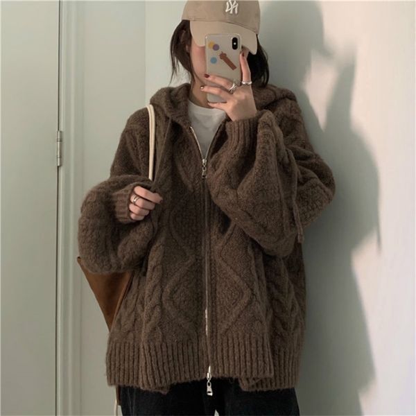 Damen Pelz Kunstpelz Frauen Herbst Winter Oversize Strickjacke Lässige Kapuze Twist Pullover Reißverschluss Langarm Häkeloberbekleidung 220826