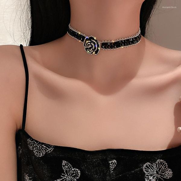 Charking Afshor Korea Black Cristal Camellia Flor Clavicle Chain Charm Charm para mulheres Design Festa de correntes curtas sexy