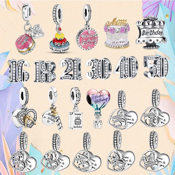 925 Gümüş boncuk fit Charms Pandora Charm Bilezik Mutlu Doğum Günü Pastası Mum Charm Doğum günü charmes ciondoli DIY Güzel Boncuk Takı