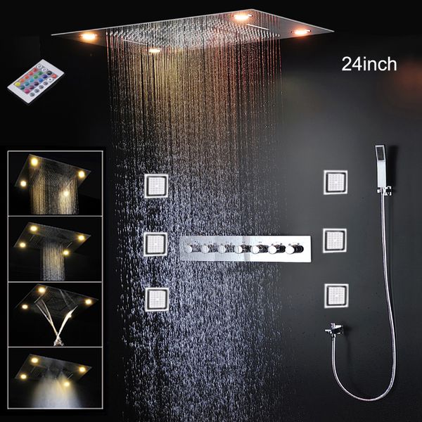 Lusso grande sistema doccia termostatico pioggia cascata massaggio soffione nebbioso set bagno rubinetti LED 24 pollici