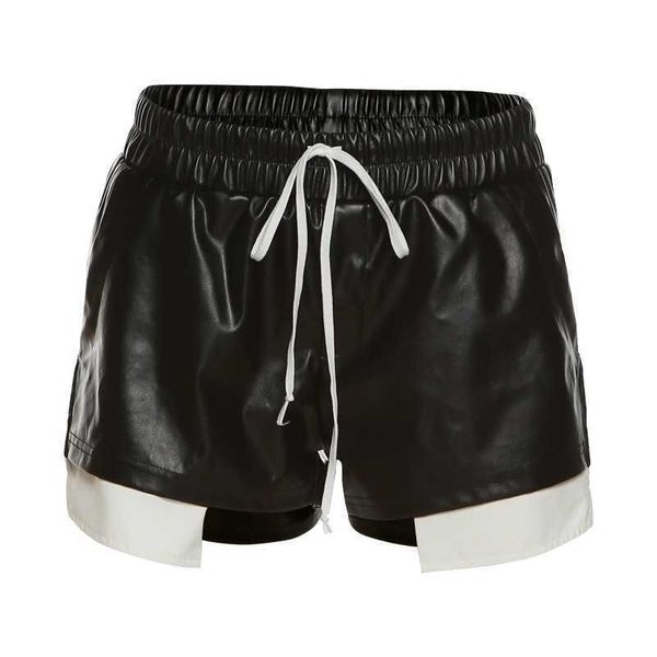 Einzelhandel Sommer Damen PU-Leder Shorts Unterwäsche Neue Mode Kontrastfarbe Schnürung Hohe Taille Tasche Hüfte Enge Lässige Kurze Hosen