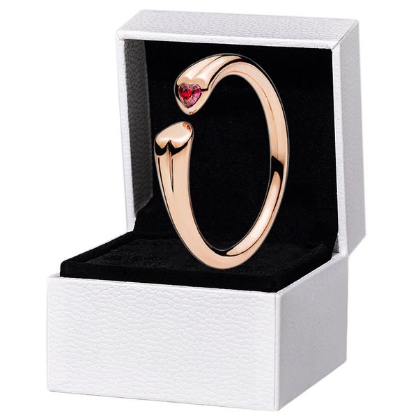 Diamante CZ vermelho Amor Coração Anel Aberto Rosa Ouro Mulheres Meninas Casamento Designer Jóias Para Pandora 925 Prata Esterlina Namorada Anéis de Presente com Caixa Original