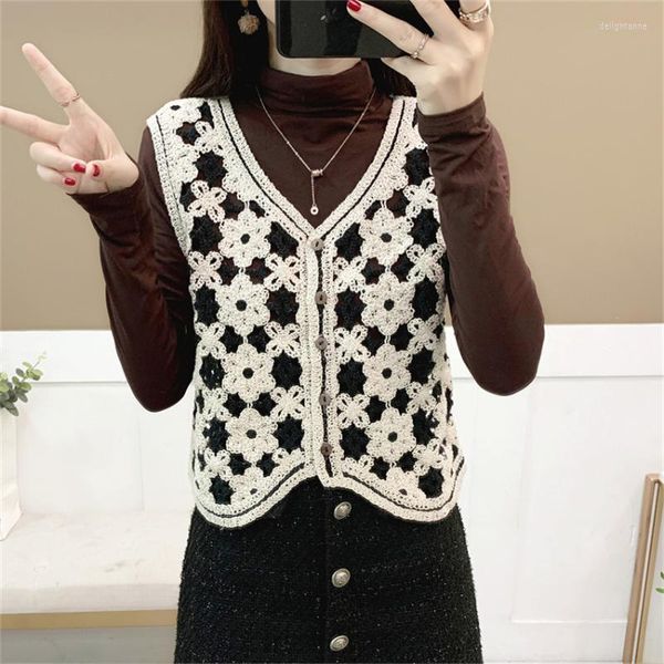 Damenwesten Boho Ethno-Stil Vintage Strickpullover Weste Damen V-Ausschnitt Einreihig Häkeln Ärmellos Weste Crop Top