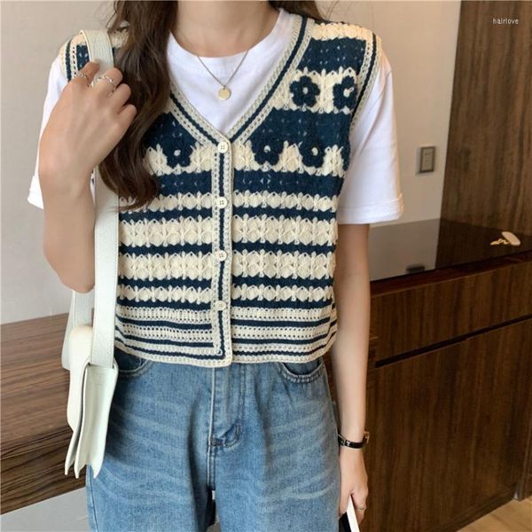 Damenwesten Chic Fashion Kurze Pullover Weste Frauen V-Ausschnitt Einreiher Weste Ärmellose Jacke Outwear Retro Häkeln Weiblich