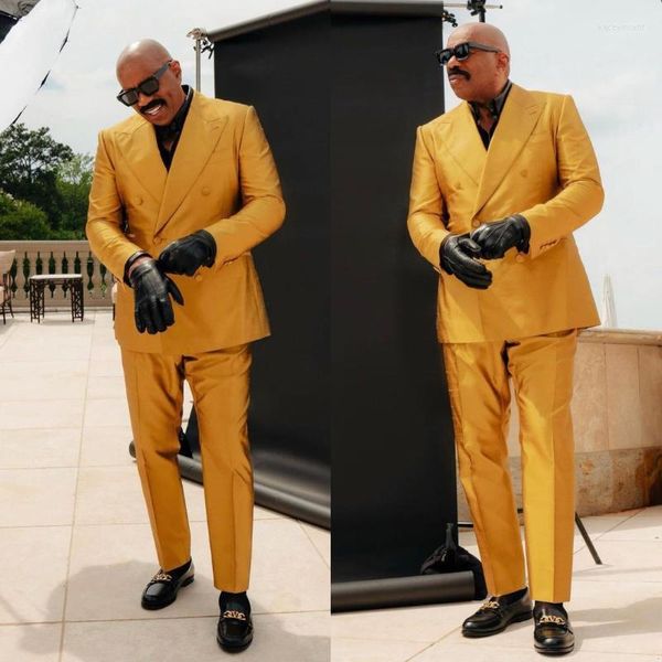 Men's Suits Mustard Yellow Men Business Casual Wedding Party 2 Pieces Double Breasted Jacket Trousers Blazer Set Fashion Slim Elegant Dress