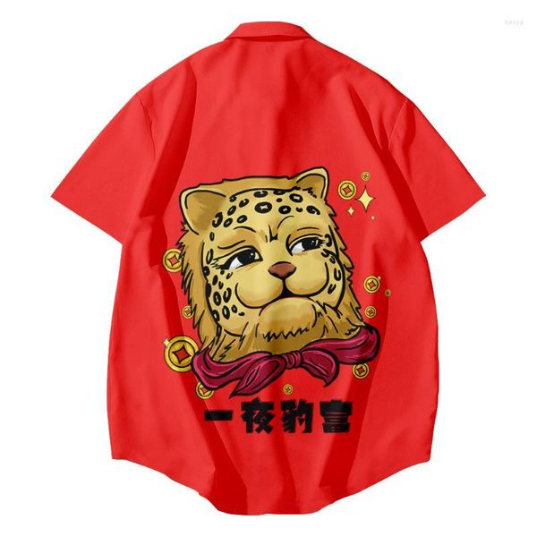 Männer Casual Hemden 2022 Sommer Männer Hip Hop Red Leopard Print Button Kurzarm Umlegekragen Retro Streetwear