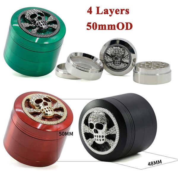 50mmOD Smerigliatrici per erbe fumo colorate con teschio solido 4 strati Metallo in lega di zinco Utensile manuale Accessori per fumatori Strumenti per frantumazione tabacco per bong in vetro