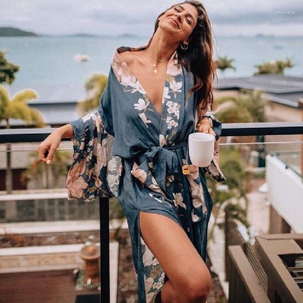 Costumi da bagno da donna Beach Party Con scollo a V Sexy Cover Up Dress Caftano Stampa floreale blu Kimono Boho Cardigan Bikini Camicette Cascata Robe Deep