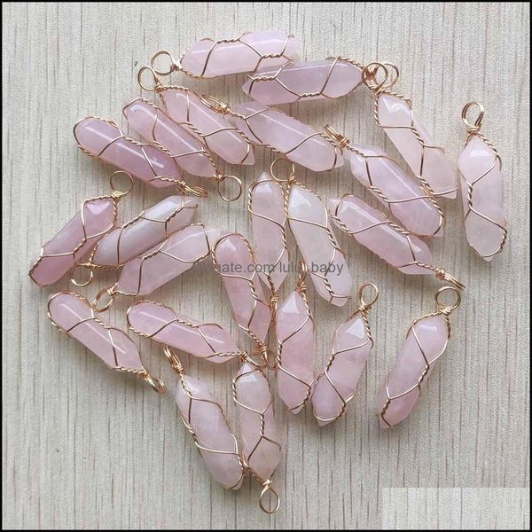 Charms Gold Wire embrulhado Rose Quartz Hex￡gono Pendum Charms pendente Cura Rosa Cristal Stone J￳ias Moda Makin Lulubaby Dhrtm