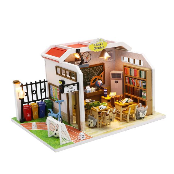 Arquitetura Diy House Class M907 Doll Wooden Doll Sala de aula Toys Diy House Furnitures Música Kids Furniture Minature S Kit Poppenhuis 220829