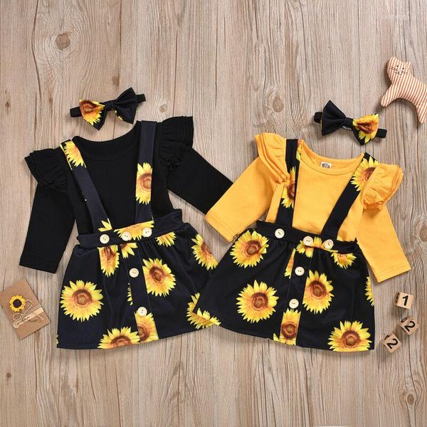 Kleidungssets Baby-Mädchen-Sonnenblumen-Blumenstrampler-Kleinkind-Latzkleid-Born-Stirnband-Outfits Mädchen-Sommerkleid-Kleidungsset