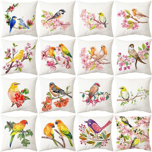 Cuscino Fiore Uccello Modello Federa per cuscino Poliestere 45x45cm Divano del soggiorno Cuscini decorativi Federa primaverile