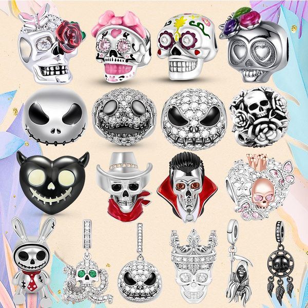 925 Charms de miçanga de prata encantadores pandora charme bracelete skull skull skeletton skeleton escuro mal maldoso charmes ciondoli diy fino miçangas jóias