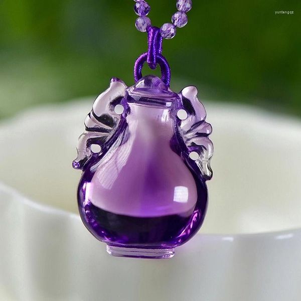 Anhänger Halsketten Feine lila natürliche Kristallanhänger geschnitzte Vase Wassermann Kette Halskette Glück für Frauen Kostbares Geschenk Modeschmuck
