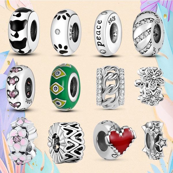 925 Silber Bead Fit Charms Pandora Charm Armband Katzenpfote Spacer Stopper Charm Herz Rosa Blume Runde Charms Ciondoli DIY Feine Perlen Schmuck