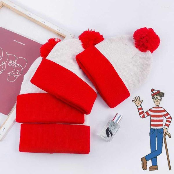 Maschere da festa Dov'è Wally Waldo Cappello lavorato a maglia bianco rosso Cosplay Regalo di Natale di Halloween Cappello invernale caldo e spesso da donna e da uomo