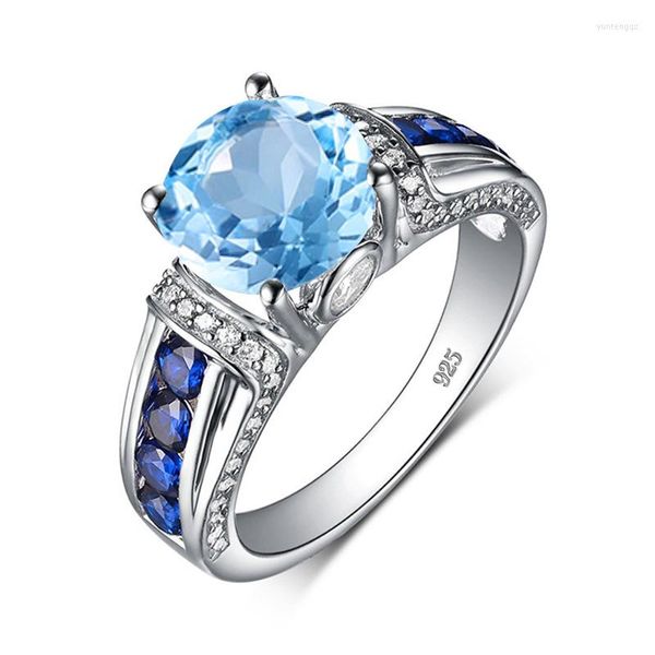 Ringas de cluster Sterling Silver Pray Gem Blue Topaz S925 Marca de joias de pedras preciosas genuínas Round Round Vintage Sapphire for Women Bijoux