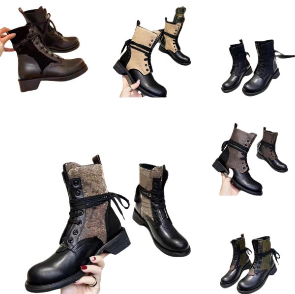 British Style Knight Boots Boots luxuriöse Flachboden mit niedrigem Haken komfortable All-Match lässige Leder-Leder-Leinwand Schnürblocking Runde Zehen Frauenschuhe