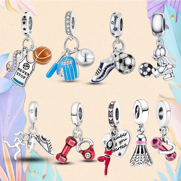 Charms in argento 925 con perline Pandora Bracciale con ciondoli Sport Baseball Calcio Pallavolo charmes ciondoli Gioielli con perline fini fai-da-te