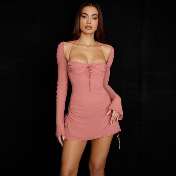 Abiti casual XLLAIS Articoli all'ingrosso Donna Flare Manica lunga Abito rosa Moda Colletto quadrato Fasciatura Abiti Sexy Cut Out Party Club Vestidos 220829