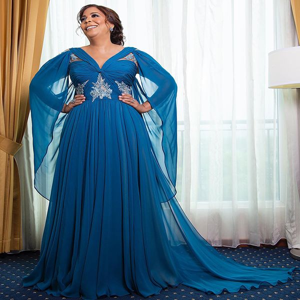 Luxo Mãe Azul do vestido da noiva Plus tamanho 2022 Elegante vestido de noite com capa dubai para convidado de casamento use uma saia de festa formal de chiffon de chiffon sexy sem costas