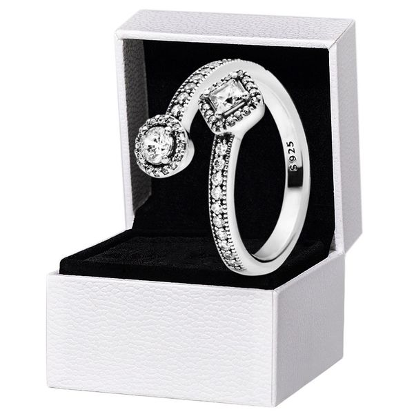 Diamante CZ quadrato e rotondo Anello aperto Gioielli da sposa in argento sterling da donna per anelli regalo fidanzata pandora con scatola originale