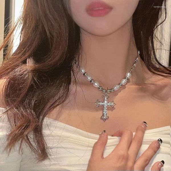 Girocollo coreano lucido strass croce collana a catena pendente per donna ragazza elegante imitazione perle collares gioielli robusti per feste