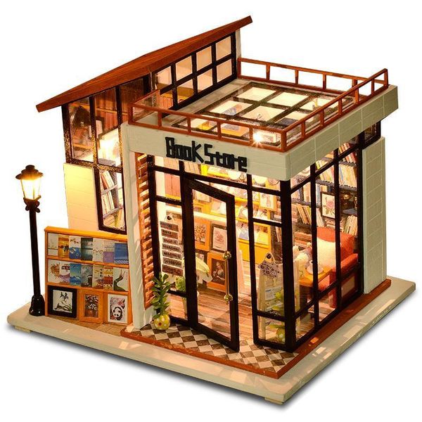 Архитектура DIY дом милый книжный магазин книжный магазин деревянный миниатюр мебель миниатюрный кукольный домик игрушки для детей Рождественский день рождения 220829