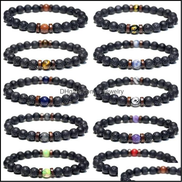 Braccialetti con ciondoli Distanziatore in legno di legno 8 mm Braccialetto di perline di pietra lavica nera Bracciale diffusore di olio essenziale vulcanico Chakra Friendshi Dhseller2010 Dh7Y5