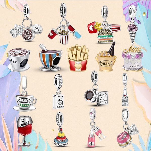 Contas de prata 925 Encantos de ajuste Pandora Charm Bracelet Fries Cake Food Charms Drink Hamburger Coffee Beer charms ciondoli DIY Fine Beads Jewelry