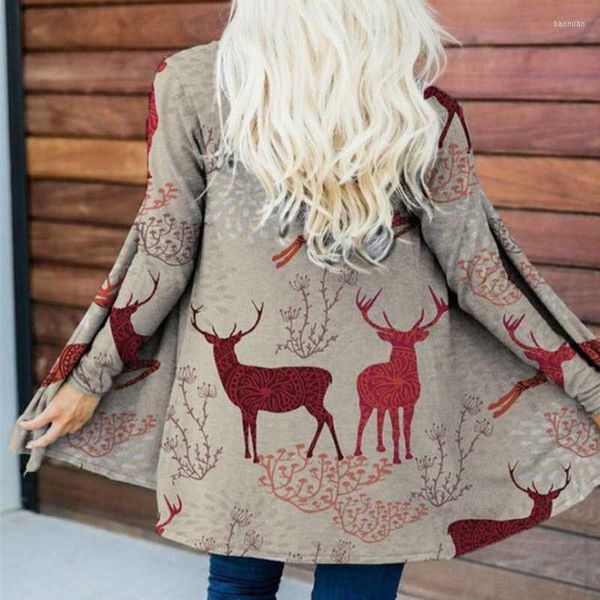 Jaquetas femininas Primavera e outono Jaqueta de manga longa Casual Casual Colar Retro Cardigan Christmas Elk Plaid Impresso