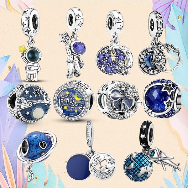 Contas de prata 925 Fit Charms Pandora Charm Bracelet Astronaut Charm Star Moon Blue Sparkling charms ciondoli DIY Fine Beads Jewelry
