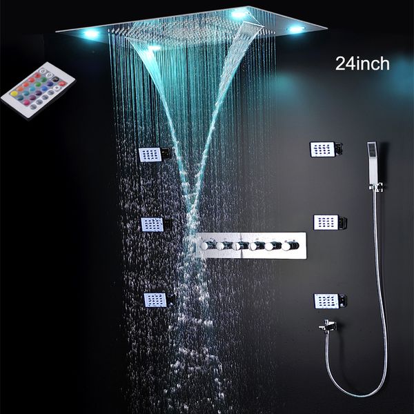 Высококачественный термостатический душ для ванной комнаты 24 дюйма потолочного осадка водопада светодиодная панель для душа с массажными струйными смесями