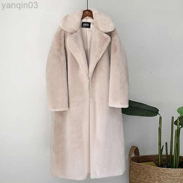 Pelliccia da donna Nuove donne Inverno Cappotto di pelliccia sintetica Caldo spesso lungo Cappotto di peluche Colletto rovesciato Cintura femminile Casaco Feminino Con fascia L220829