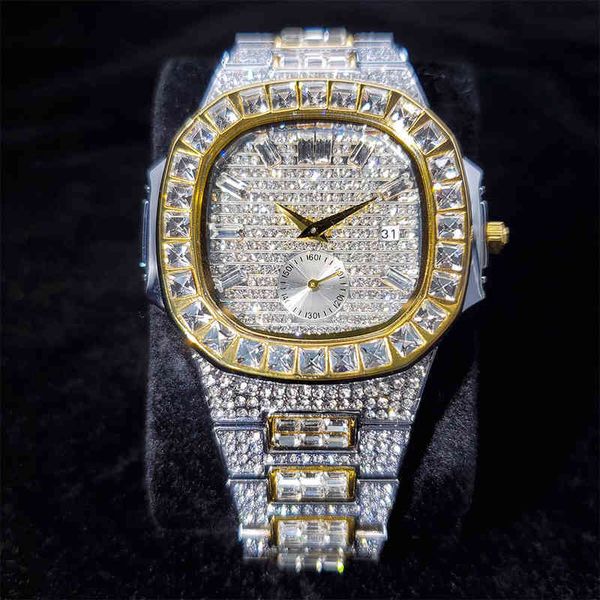 Avanadores de pulso Miss Gold e Sier Men Watch Calendar Big Square Diamond Bezel Watch for Men Quartz Fashion Hiphop Gift Wristwatch Man