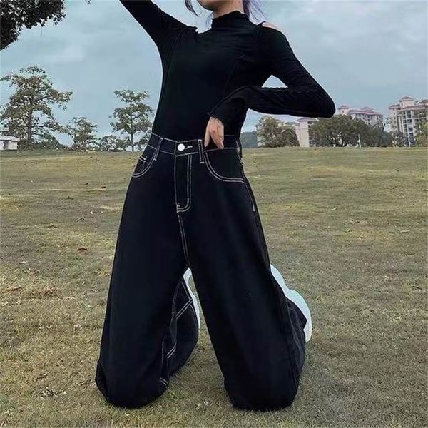 Jeans feminino Jeans de jeans Vintage Jeans Black Women Korean Version of Ins Loose and Fin Wide Pants Wide Style Style Wild reta perna 220830