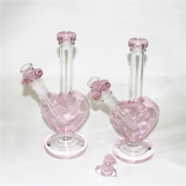 narghilè Bong in vetro rosa da 9 pollici con ciotola in vetro a forma di cuore Narghilè Shisha Beaker Dab Rig Fumo Pipa ad acqua Filtro Gorgogliatore W ICE Catcher