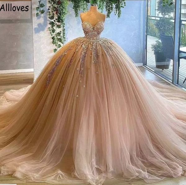 Dusty Pink Princess Ball Gown Prom Dresses Sweetheart Splendido pizzo con applicazioni di tulle a sbuffo Abiti da sera lunghi da spettacolo Donne arabe Occasioni formali CL1033