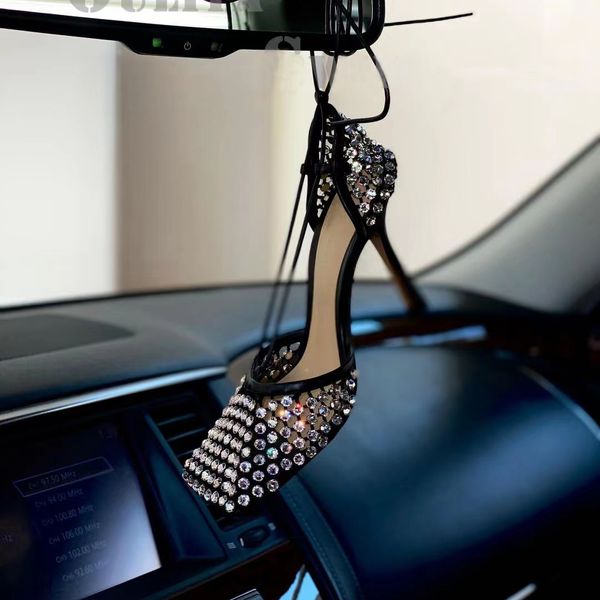 Üst kristal dekoratif yüksek topuklu sandaletler lüks tasarımcı seksi içi boş out düğün ziyafet parti ayakkabıları 9.5cm deri örgü ayak parmağı halka dantel yukarı bayan ayakkabılar