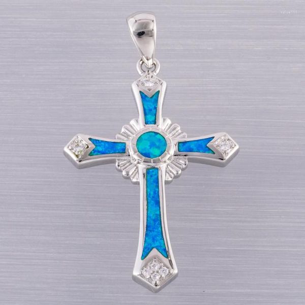 Colares pendentes Kongmoon Long Celtic Cross Ocean Blue Fire Opal Silver Plated Jóias para Mulheres Colar