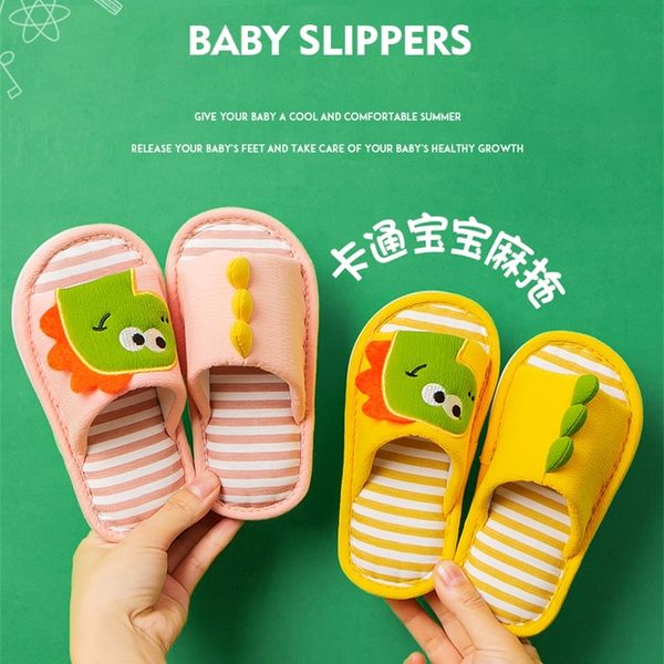 Slipper Spring Spring Autumn Slippers Infantil Linho macio Anti-deslizamento Indoor Sapatos dom￩sticos Dinosaur Kids for Boys Girls Durante toda a temporada Cotton 220830