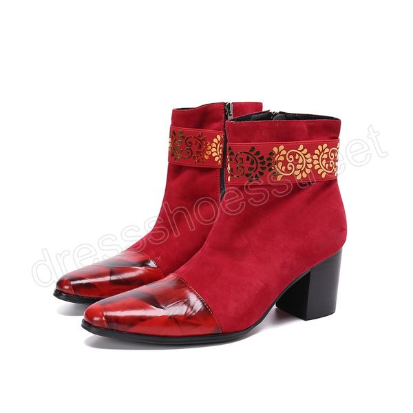 Moda Botas de festa de couro de camurça vermelha aumentam a altura do salto médio, botas de tornozelo de tamanho ou bota curta formal