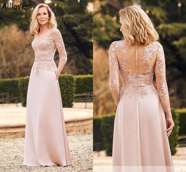 Rosa elegante Satin-Mutterkleider für die Hochzeit, transparenter Ausschnitt, glamouröse Spitze, A-Linie, Damen-Abendkleider für besondere Anlässe, 3/4-Ärmel-Abschlussballkleid CL1032