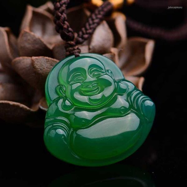 Colares de pingentes de cor verde calcedônia rindo Buddha Lucky Fine Escultura Colar