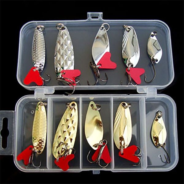 Ganchos de pesca 10pcsset Lure Spinner Spinner Spoon Conjunto de pesca dourada Spinner de face lantejas com ganchos de peixes de peixes de peixe isca dura 220830