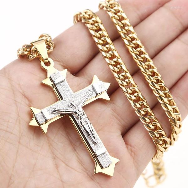 Colares de pingentes colar de aço inoxidável Cruz Jesus jóias cristãs Cuba Chain Chain Gold Color para DIY fazendo descobertas