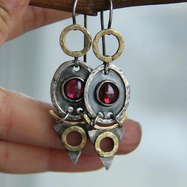 Baumelnde Ohrringe Vintage Dreieck Oval Metall Für Frauen Gypsy Schmuck Hohl Goldener Kreis Roter Stein Antik Silber Farbe Ohrring