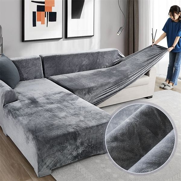 Stuhlhussen, Samt-Plüsch, L-förmiges Sofa für Wohnzimmer, elastischer Couch-Schonbezug, Chaiselongue-Eck-Stretchbezug 220830