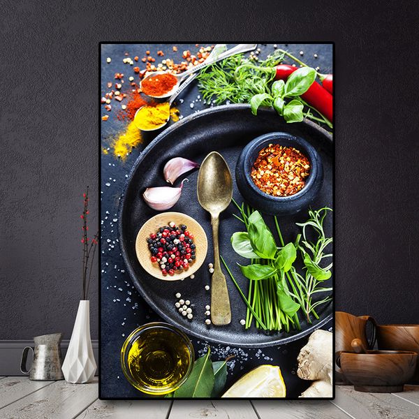 Grãos de vegetais Especiarias colher cozinha lona pintando cuadros pôsteres escandinavos e estampas de parede de parede de imagens de parede decoração de sala de estar