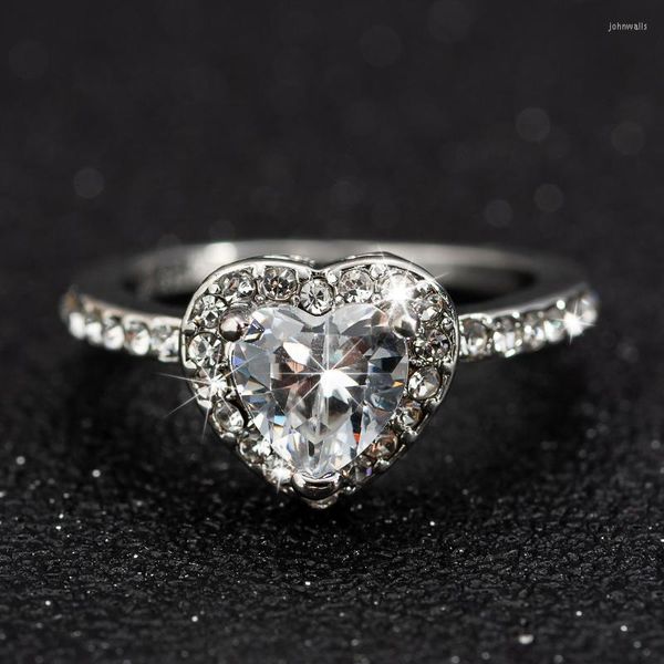 Hochzeit Ringe Mode Kristall Herzförmige Silber Farbe Für Frauen Rose Gold Elegante Verlobung Zirkon Schmuck Geschenk